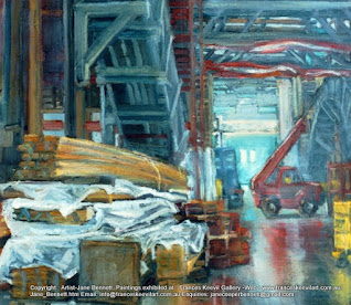 Plein air oil painting of interior of Woolloomooloo Fingerwharf during redevelopment by artist Jane Bennett